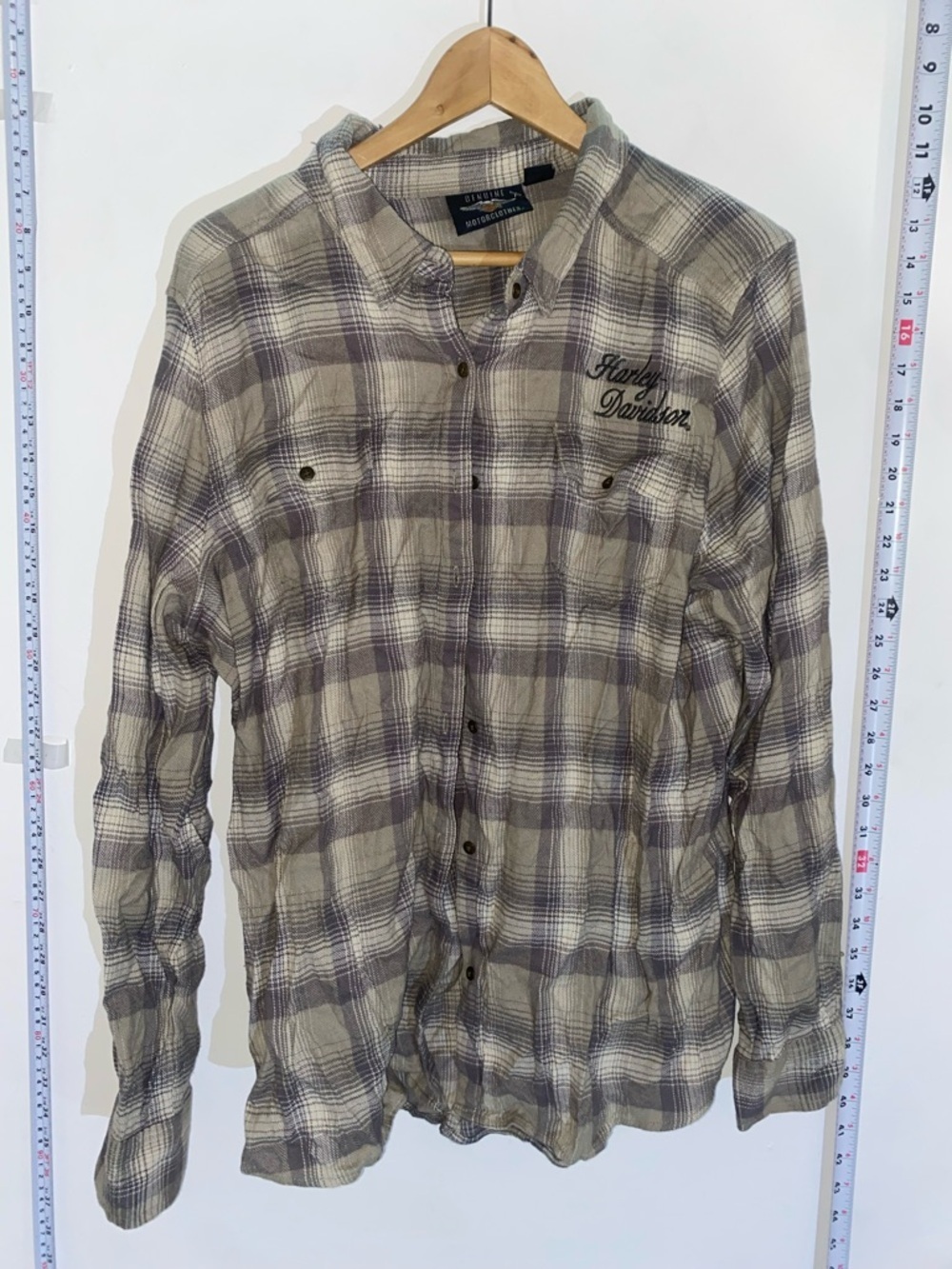 Harley-Davidson Cream & Gray Plaid Button-Front Shirt Long Sleeves Rare